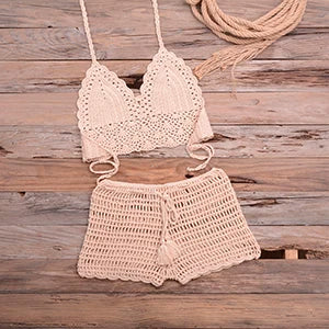 Crochet Bikini Set Tassel Knitting Tube Up Two Pieces Push-Up Swimsuit Halter Bandage Swimwear Beach Bath Suit Bikinis