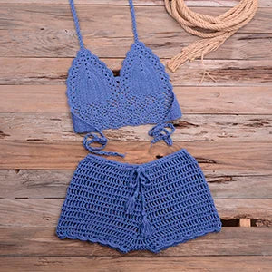 Crochet Bikini Set Tassel Knitting Tube Up Two Pieces Push-Up Swimsuit Halter Bandage Swimwear Beach Bath Suit Bikinis