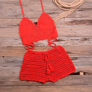 Crochet Bikini Set Tassel Knitting Tube Up Two Pieces Push-Up Swimsuit Halter Bandage Swimwear Beach Bath Suit Bikinis