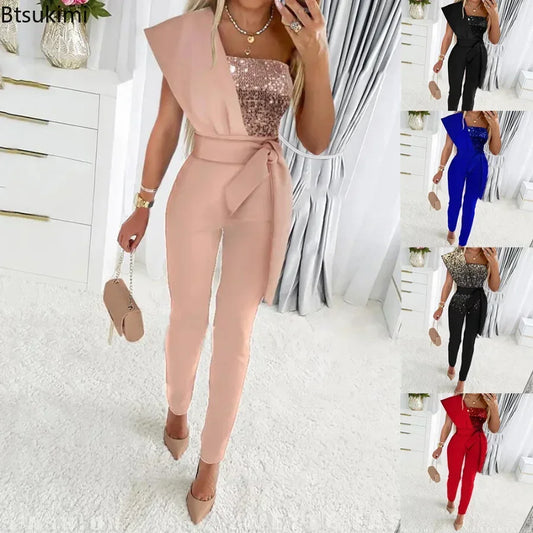 2024 Spring Summer Women Sexy Jumpsuit Sequins Patchwork Short Sleeve Slim Bodycon Outfits Lady Elegant One Piece Party Overalls