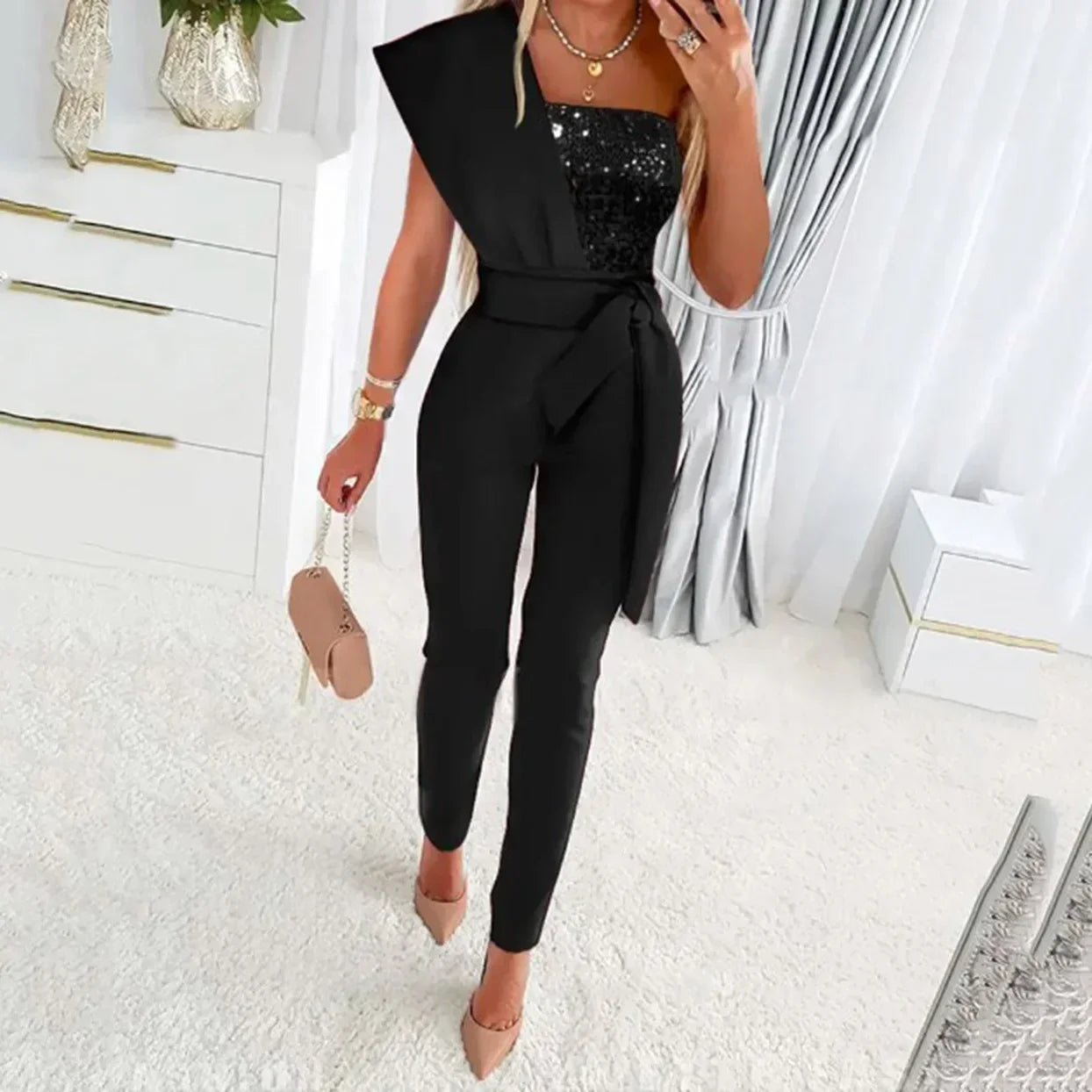 2024 Spring Summer Women Sexy Jumpsuit Sequins Patchwork Short Sleeve Slim Bodycon Outfits Lady Elegant One Piece Party Overalls