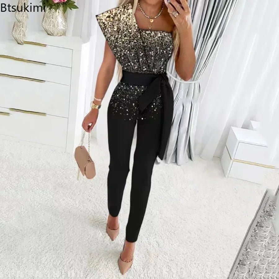 2024 Spring Summer Women Sexy Jumpsuit Sequins Patchwork Short Sleeve Slim Bodycon Outfits Lady Elegant One Piece Party Overalls