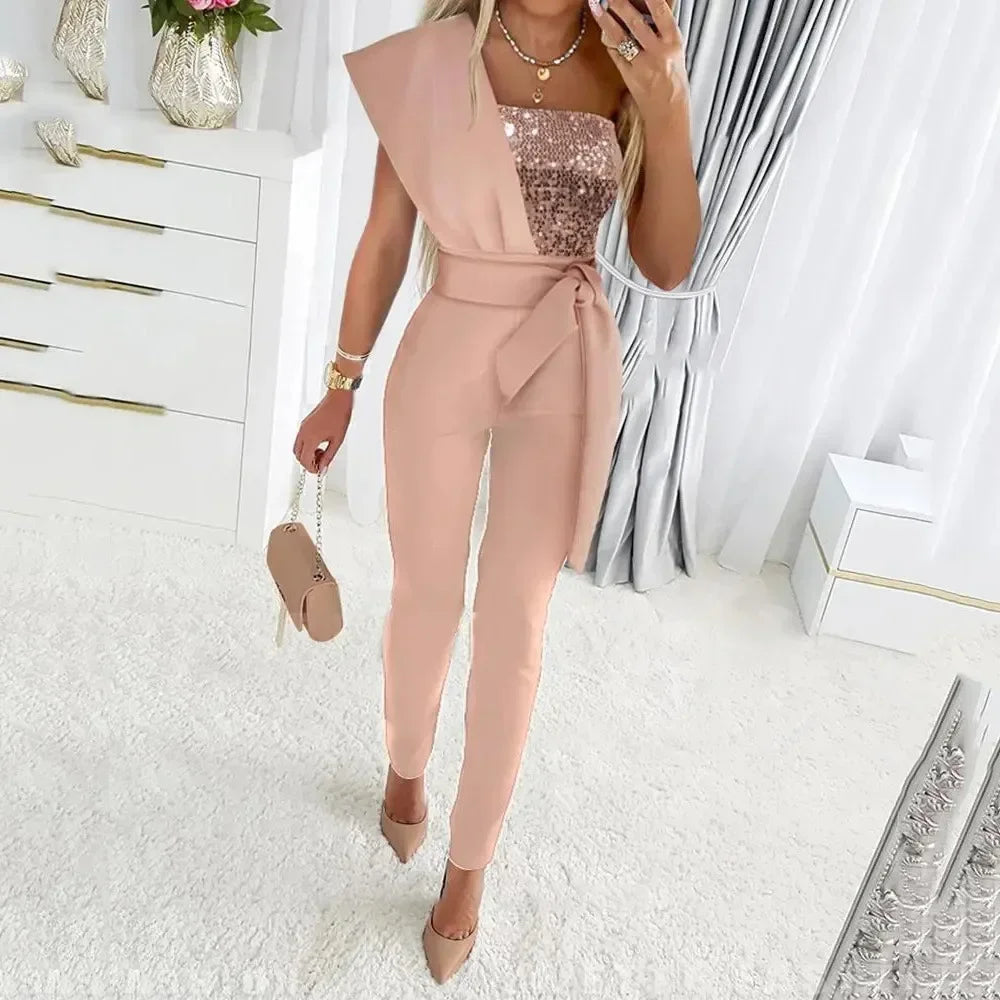 2024 Spring Summer Women Sexy Jumpsuit Sequins Patchwork Short Sleeve Slim Bodycon Outfits Lady Elegant One Piece Party Overalls