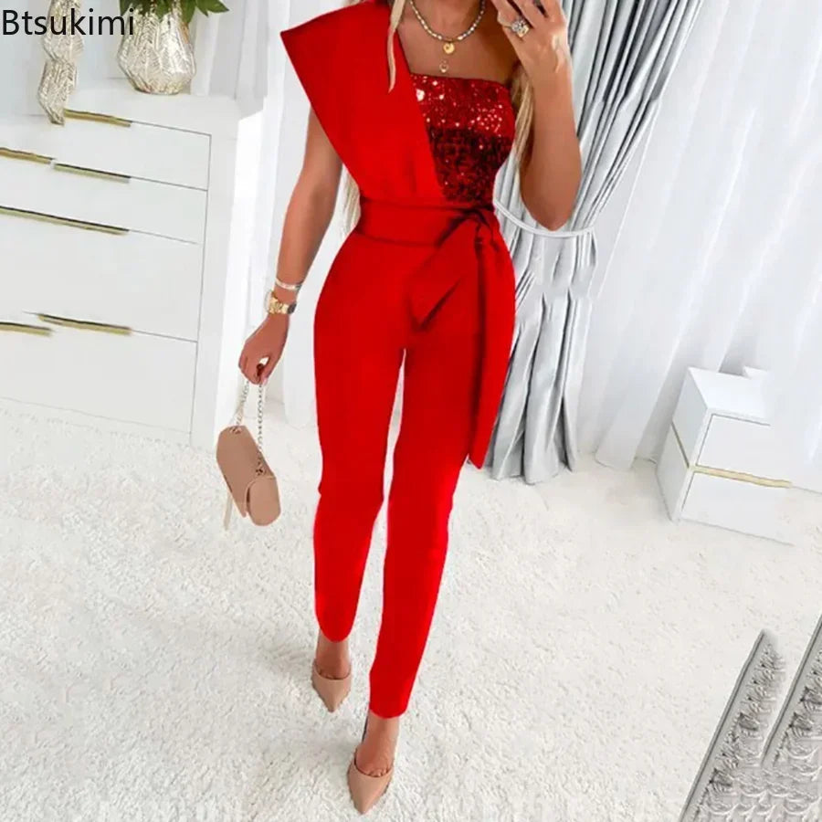 2024 Spring Summer Women Sexy Jumpsuit Sequins Patchwork Short Sleeve Slim Bodycon Outfits Lady Elegant One Piece Party Overalls