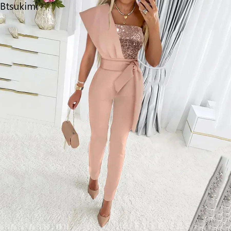 2024 Spring Summer Women Sexy Jumpsuit Sequins Patchwork Short Sleeve Slim Bodycon Outfits Lady Elegant One Piece Party Overalls