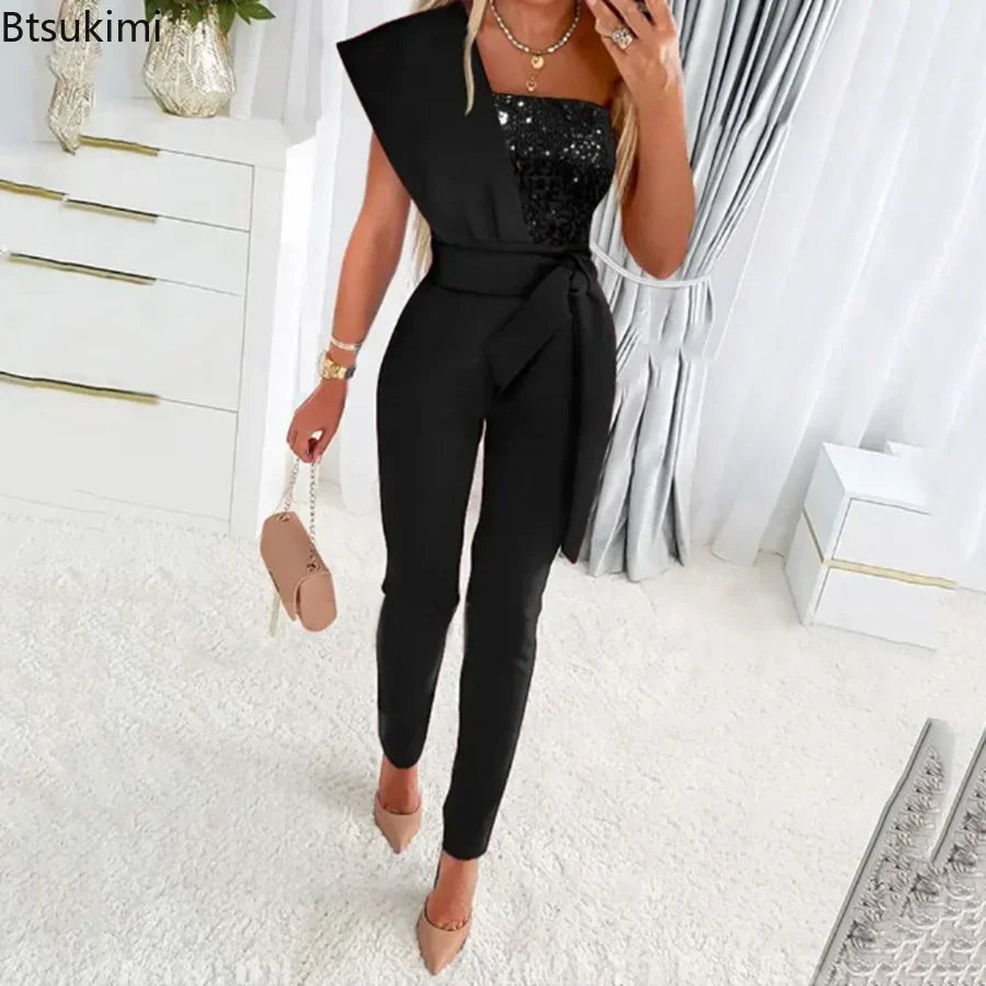 2024 Spring Summer Women Sexy Jumpsuit Sequins Patchwork Short Sleeve Slim Bodycon Outfits Lady Elegant One Piece Party Overalls